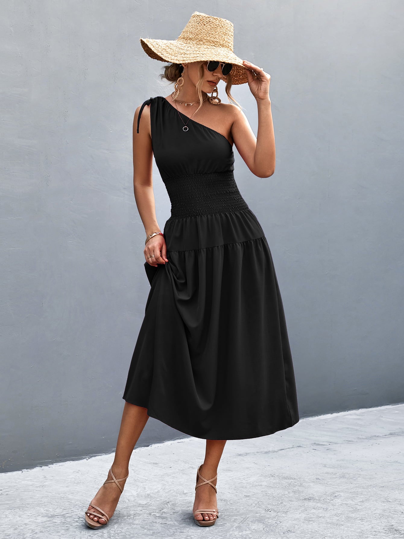 Asymmetrical One Shoulder Smocked Waist Midi Dress  Dresses- Doll Fits