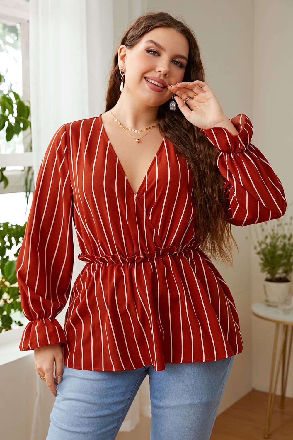 Melo Apparel Plus Size V-Neck Frill Trim Blouse  - Doll Fits