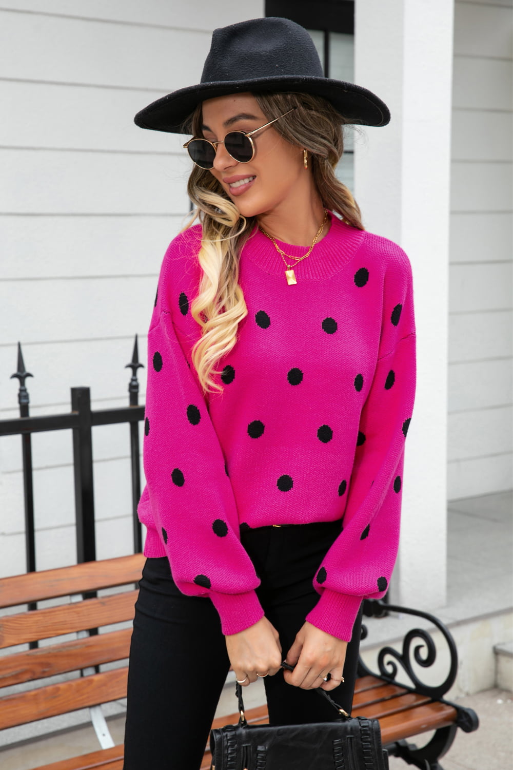 Woven Right Polka Dot Round Neck Dropped Shoulder Sweater  - Doll Fits