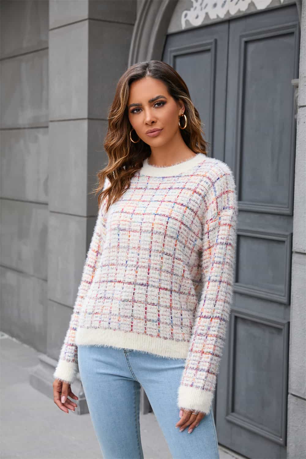Plaid Round Neck Long Sleeve Pullover Sweater  Shirts & Tops- Doll Fits