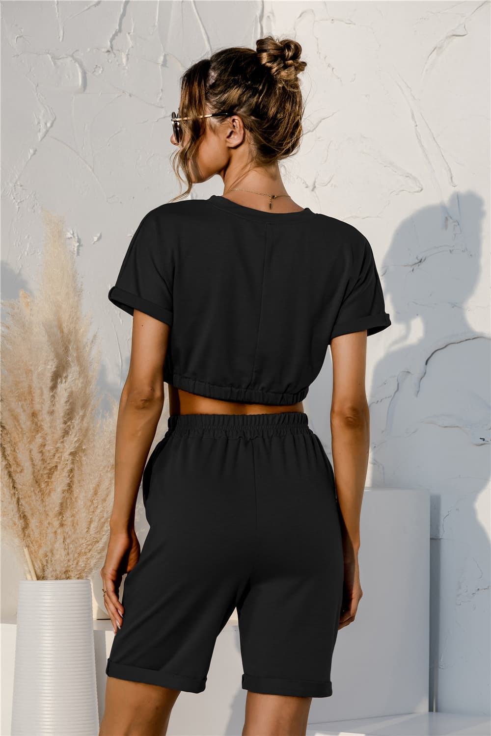 Short Sleeve Cropped Top and Drawstring Shorts Lounge Set  Outfit Sets- Doll Fits