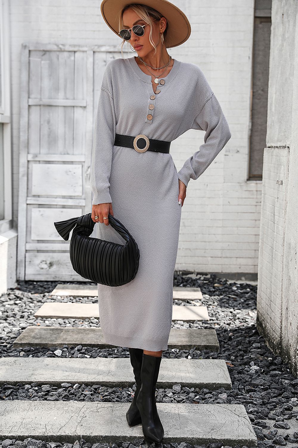 Notched Neck Dropped Shoulder Button-Down Midi Dress  Dresses- Doll Fits