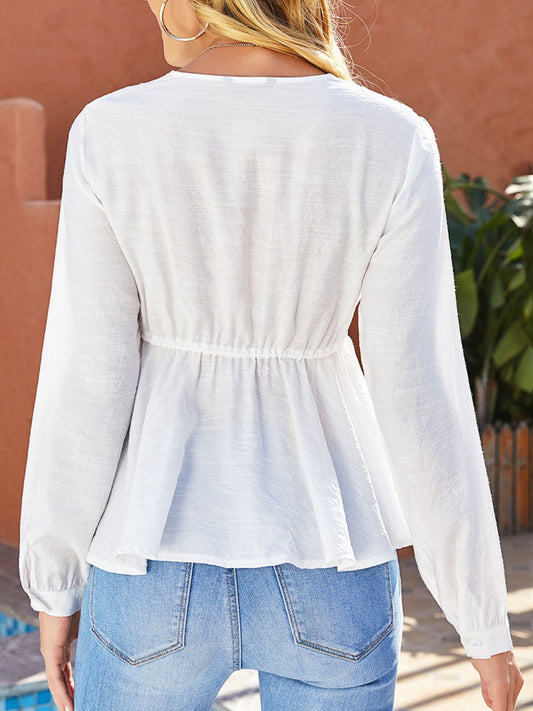 Spliced Lace Plunge Tie Front Blouse  Shirts & Tops- Doll Fits