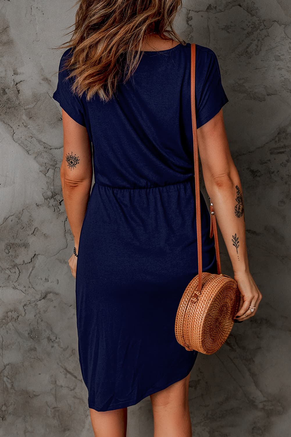 Short Sleeve Ruched Asymmetrical Hem Dress  Dresses- Doll Fits