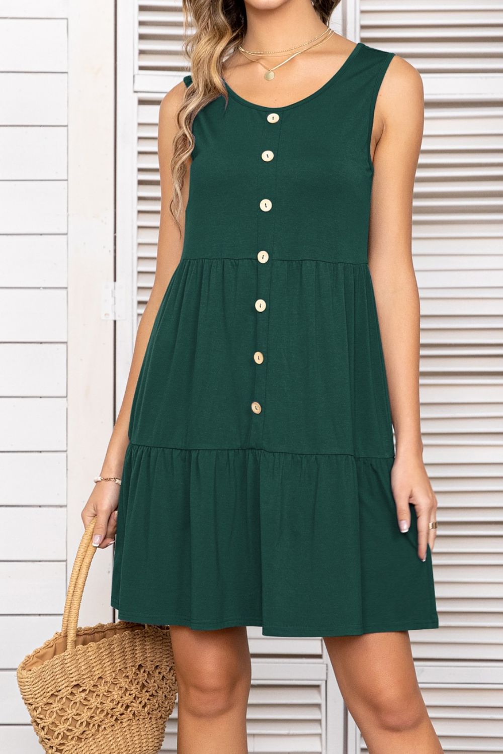 Decorative Button Scoop Neck Sleeveless Tiered Dress  Dresses- Doll Fits
