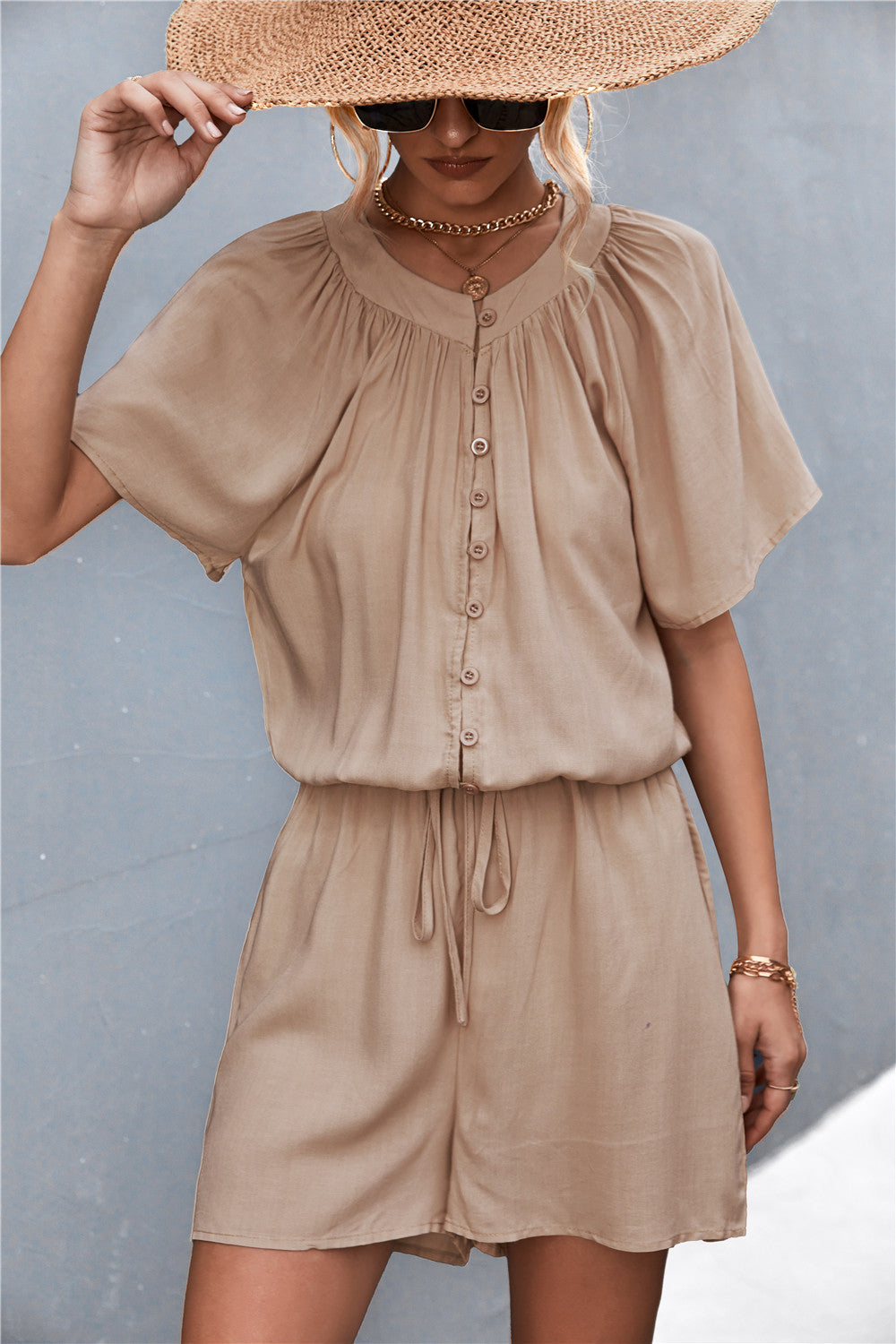 Buttoned Gather Detail Romper  Jumpsuits & Rompers- Doll Fits