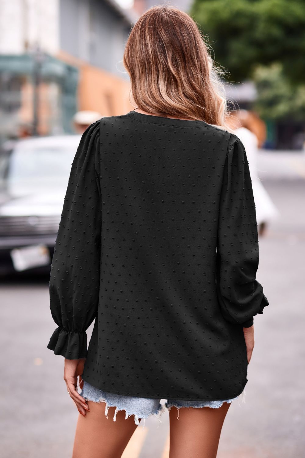 Swiss Dot Notched Neck Flounce Sleeve Blouse  - Doll Fits