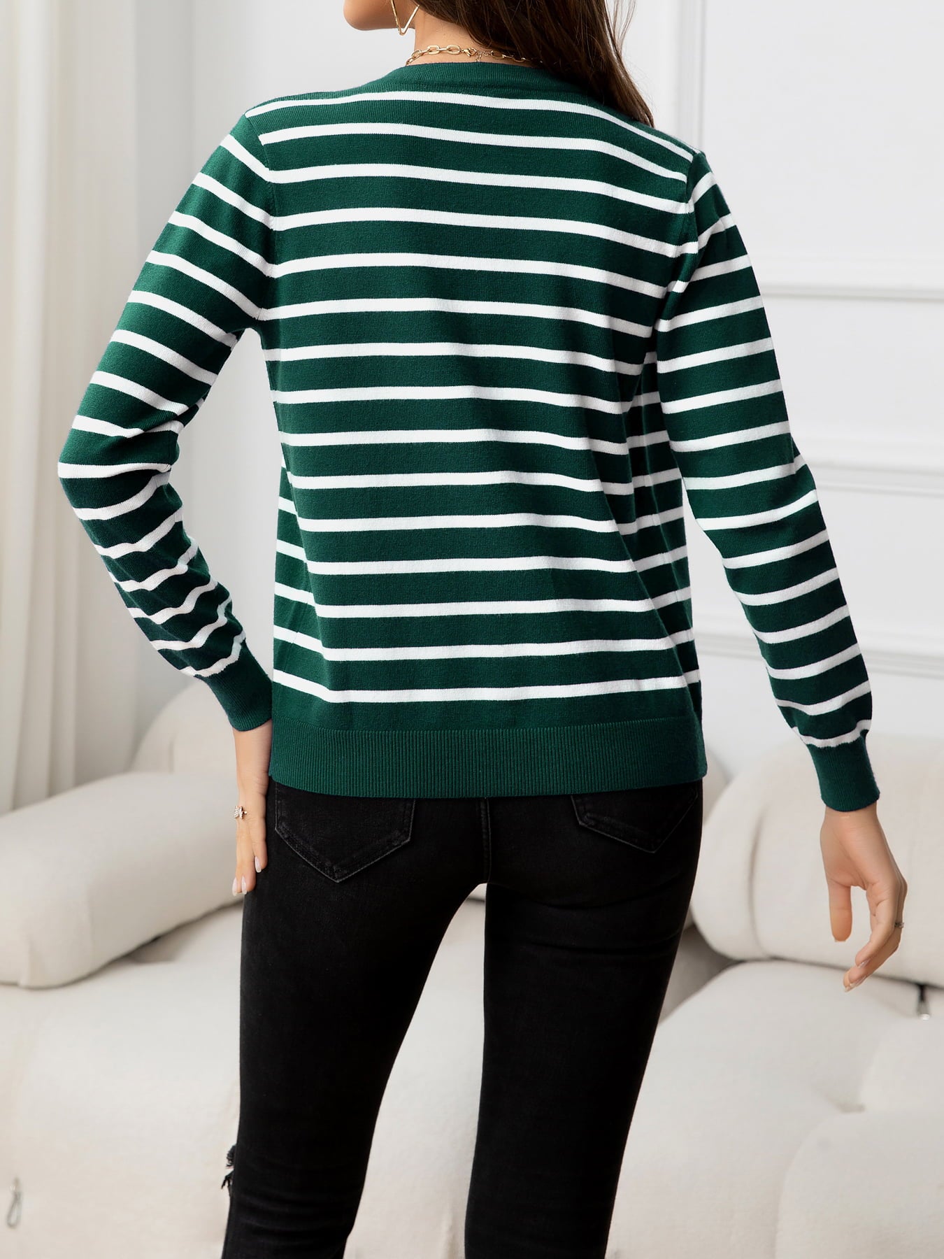Striped Round Neck Long Sleeve Buttoned Knit Top  Shirts & Tops- Doll Fits