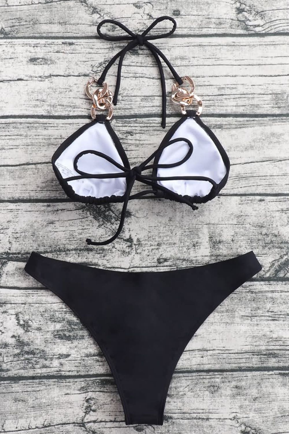 Chain Detail Tied Halter Neck Bikini Set  Swimwear- Doll Fits