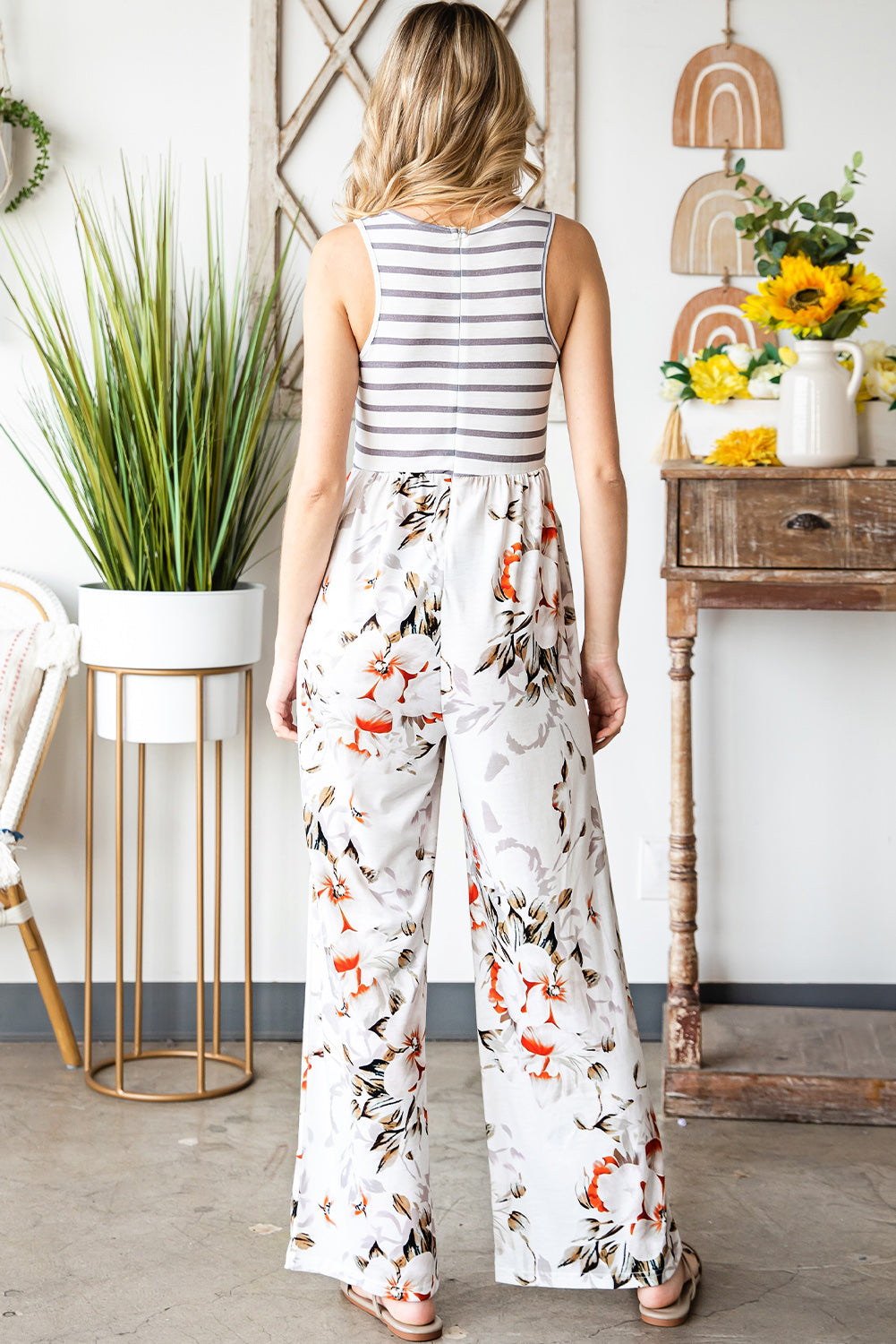 Striped Floral Sleeveless Wide Leg Jumpsuit with Pockets  Jumpsuits & Rompers- Doll Fits