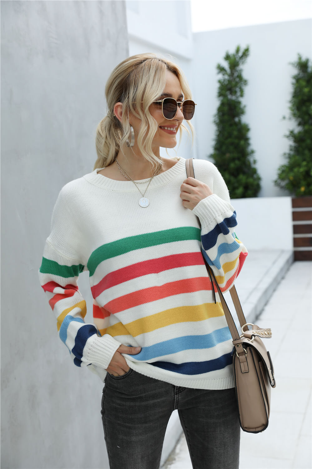 Rainbow Stripe Dropped Shoulder Sweater  Shirts & Tops- Doll Fits