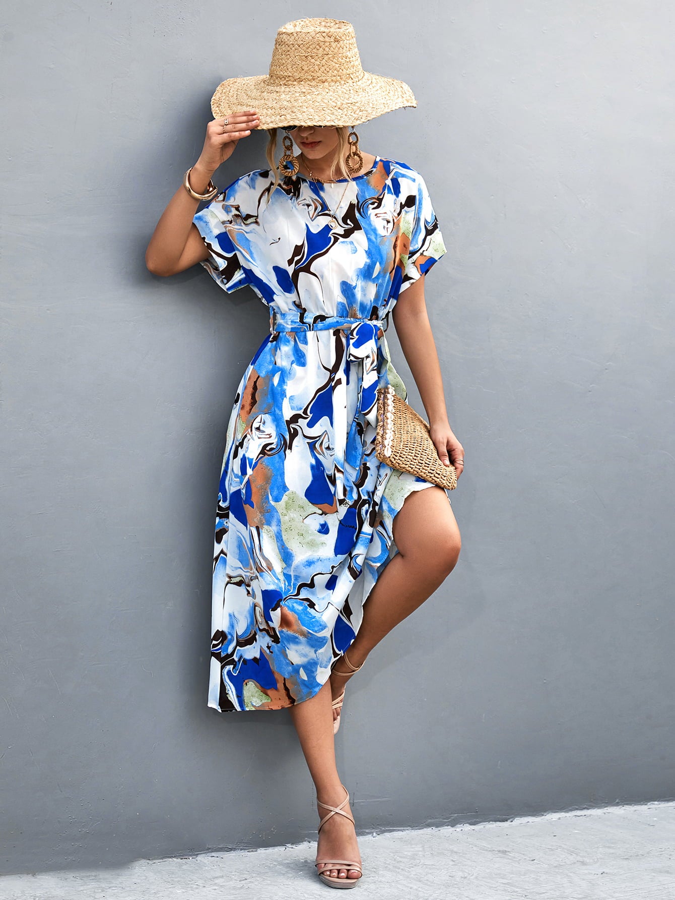 Round Neck Short Sleeve Tie Waist Midi Dress  Dresses- Doll Fits