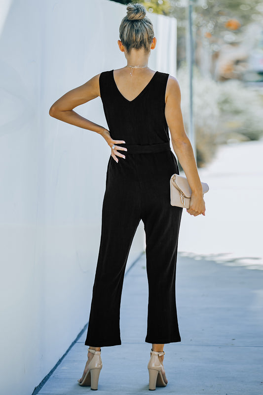 V-Neck Tie Waist Sleeveless Jumpsuit  Jumpsuits & Rompers- Doll Fits
