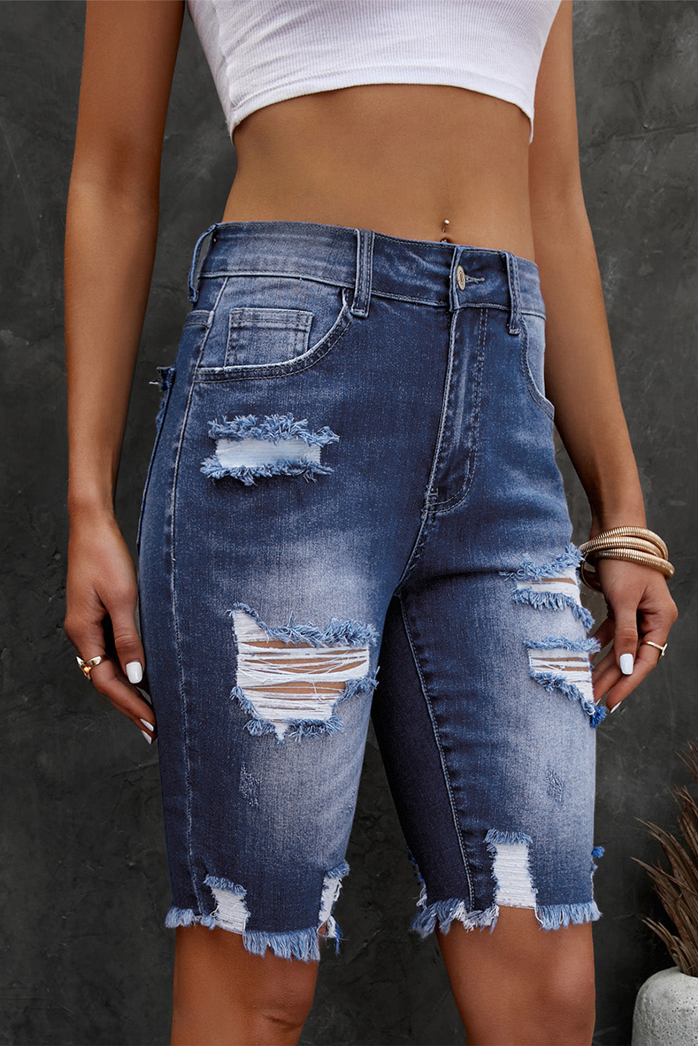 Distressed Frayed Hem Denim Bermuda Shorts  - Doll Fits