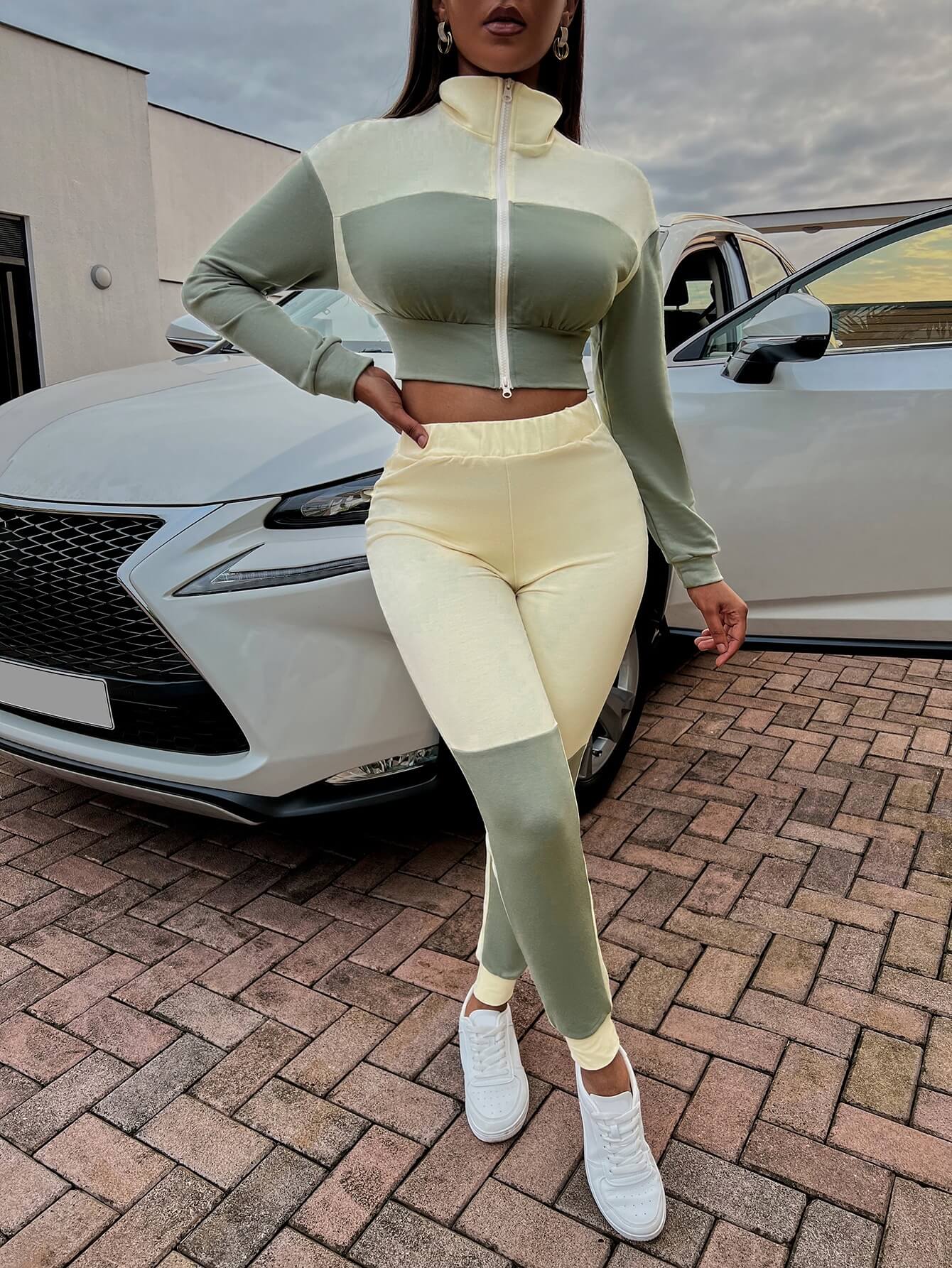 Two-Tone Collared Neck Top and Joggers Set  Outfit Sets- Doll Fits