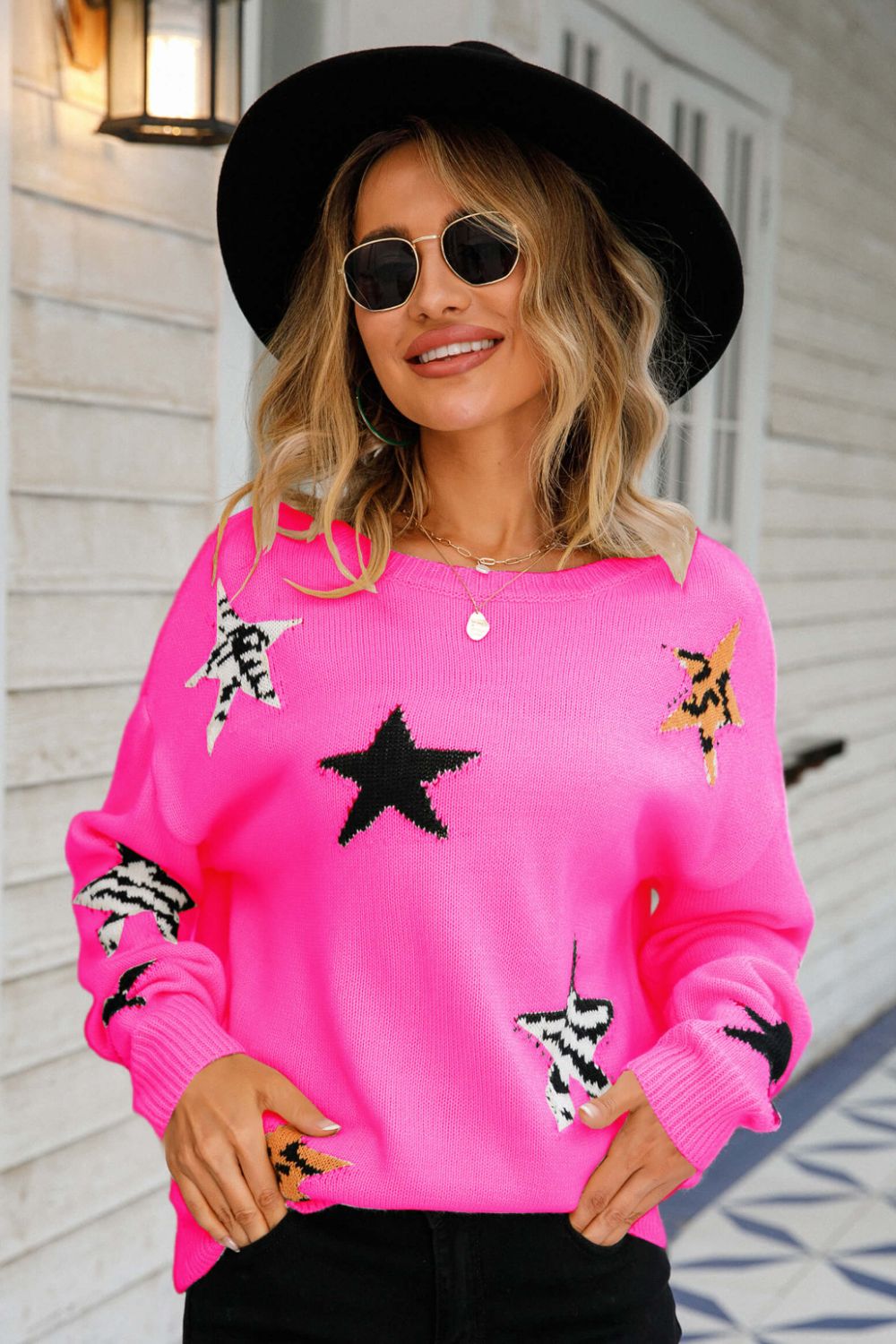 Star Pattern Round Neck Dropped Shoulder Sweater  Shirts & Tops- Doll Fits