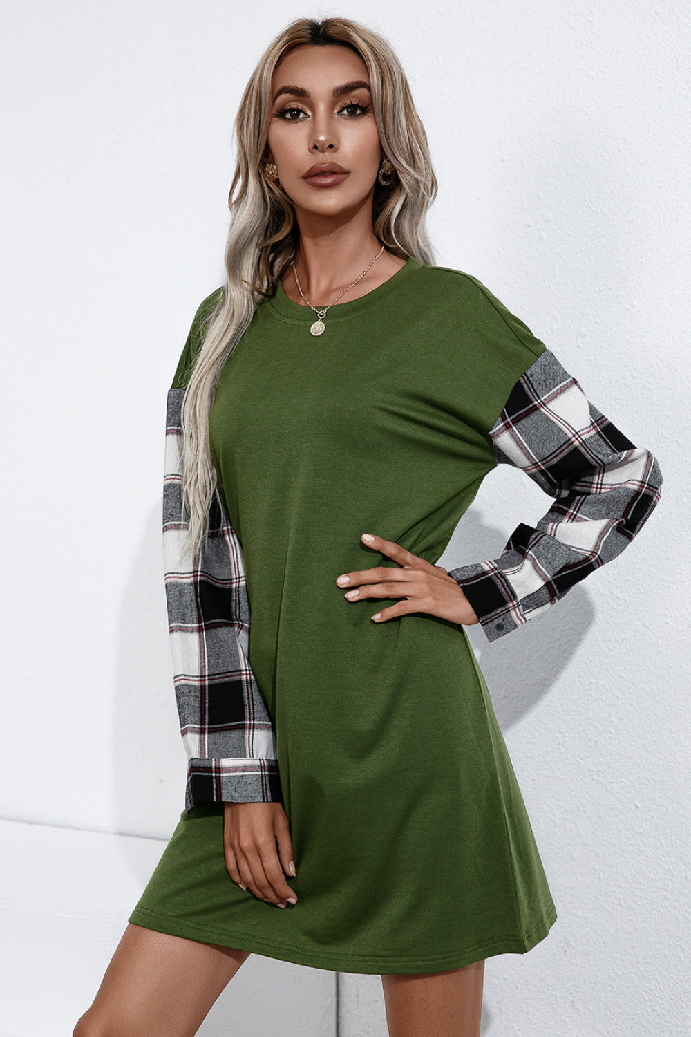 Palmer Plaid Sleeve Contrast T-Shirt Dress  Dresses- Doll Fits
