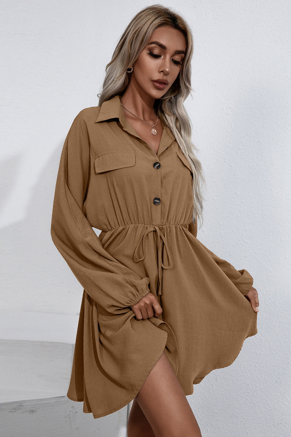 Lainey Tie Waist Button Up Shirt Dress  Dresses- Doll Fits