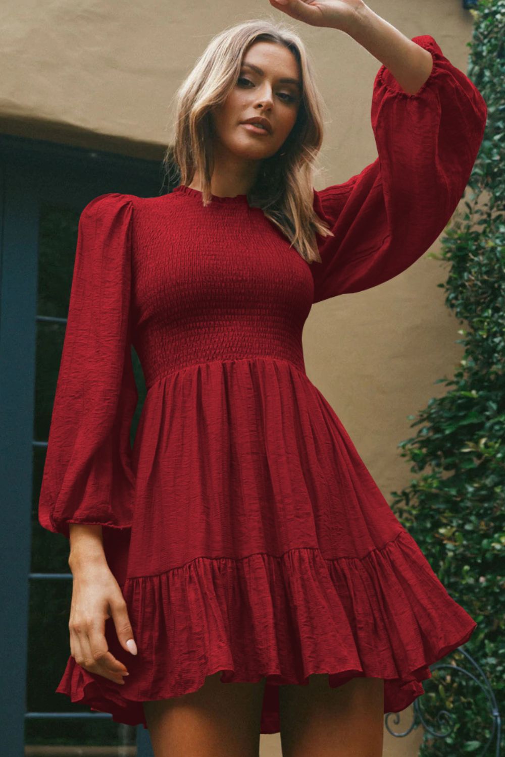 Smocked Balloon Sleeve Ruffle Hem Dress  Dresses- Doll Fits