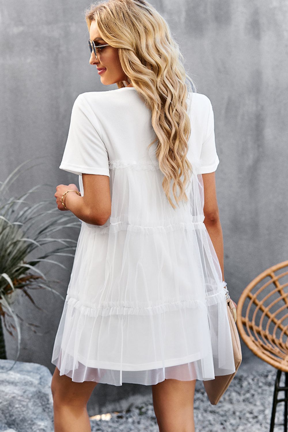 Frill Trim Spliced Mesh Mini Dress  Dresses- Doll Fits