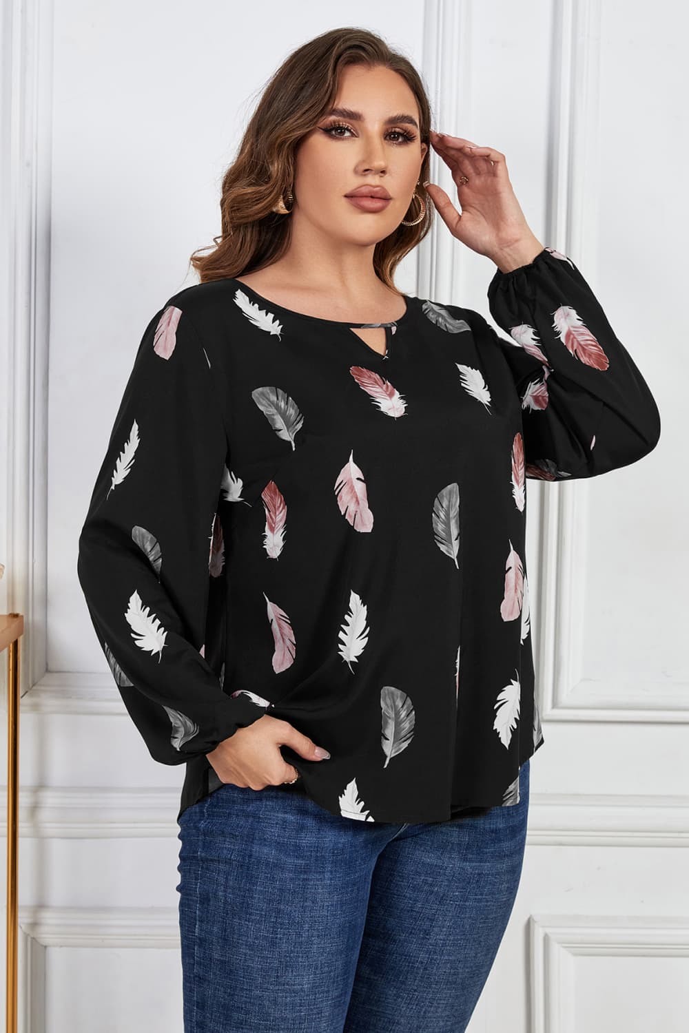 Melo Apparel Plus Size Printed Round Neck Long Sleeve Cutout Blouse  - Doll Fits