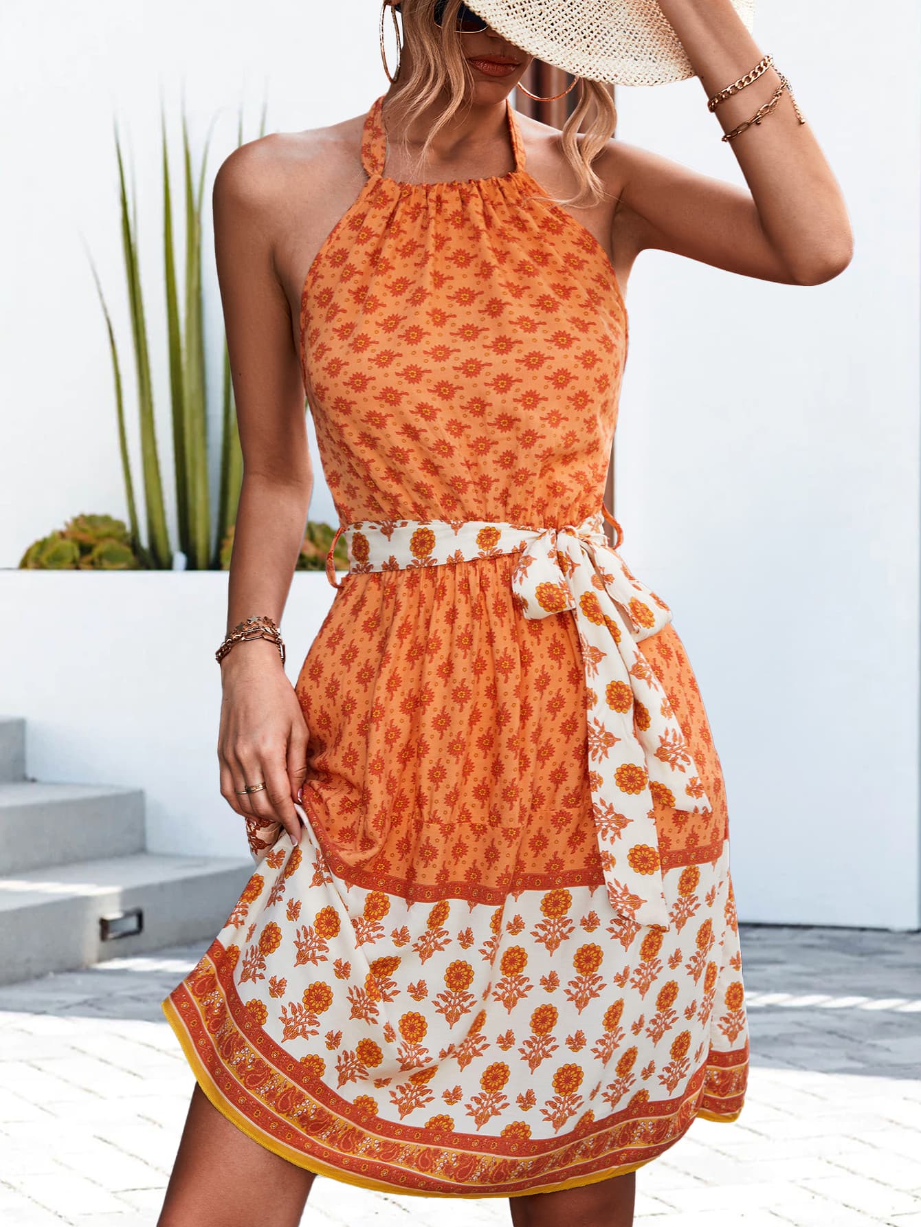 Floral Halter Neck Tie Waist Dress  Dresses- Doll Fits