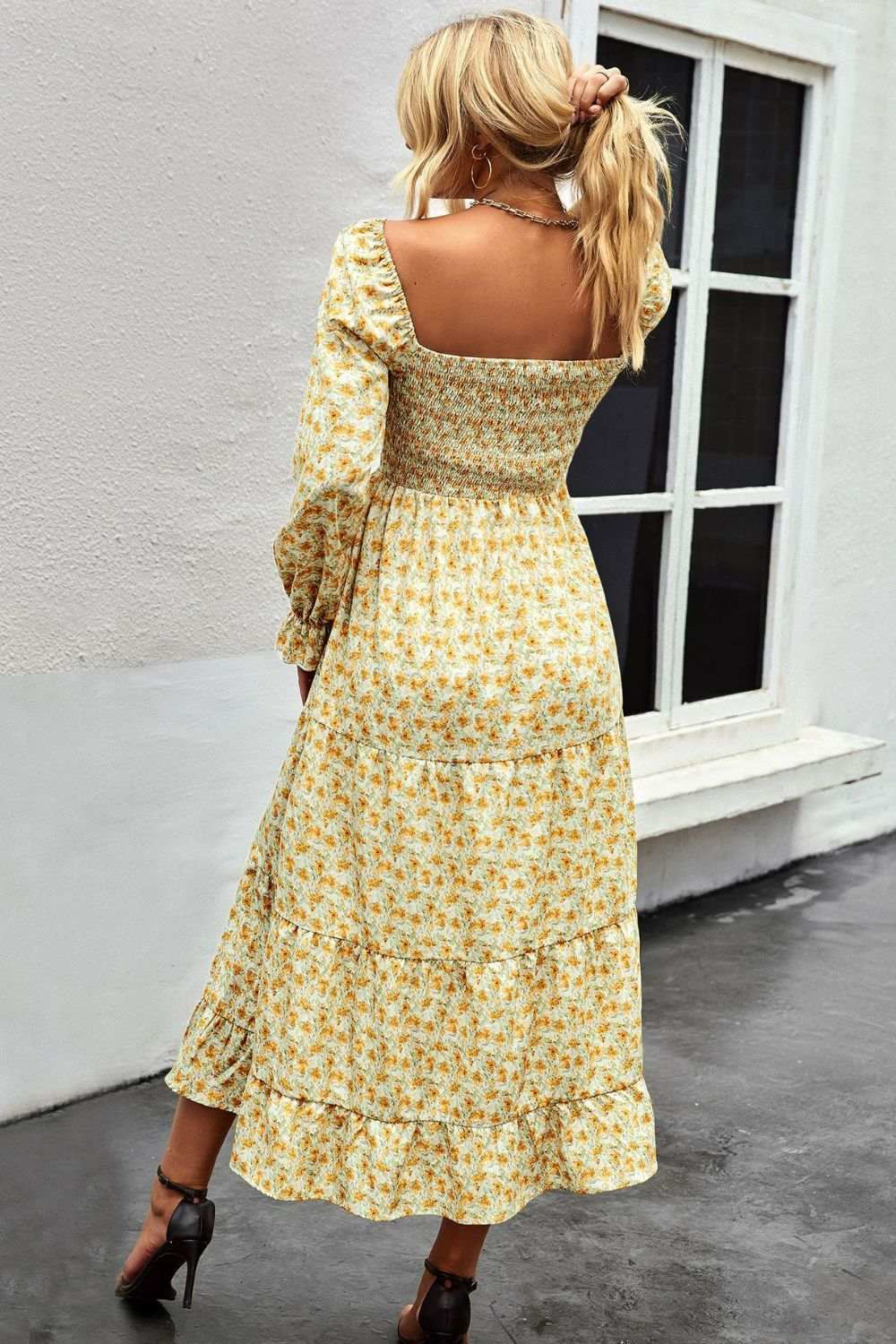 Floral Smocked Square Neck Slit Midi Dress  Dresses- Doll Fits