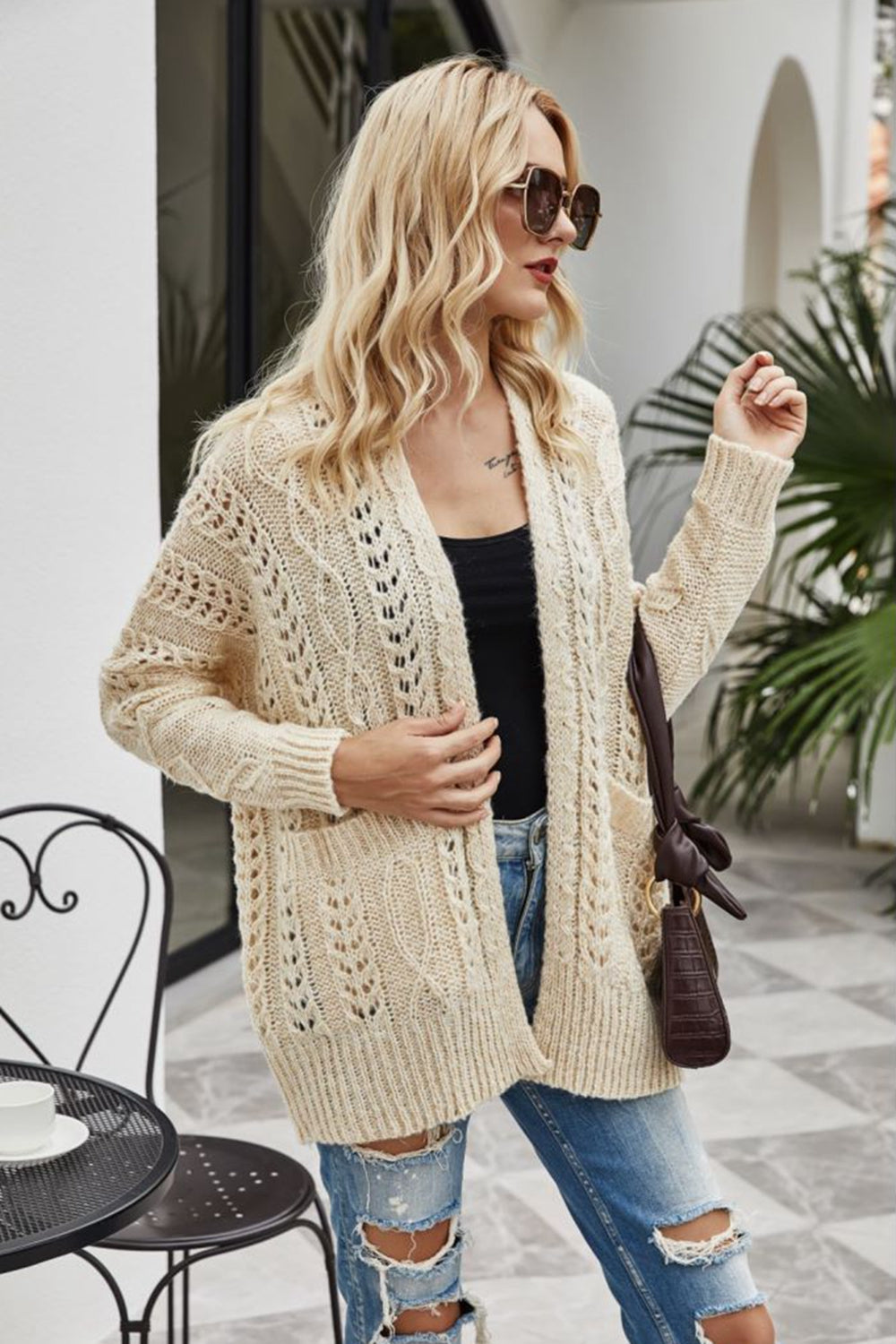 Ribbed Trim Openwork Open Front Cardigan  Coats & Jackets- Doll Fits