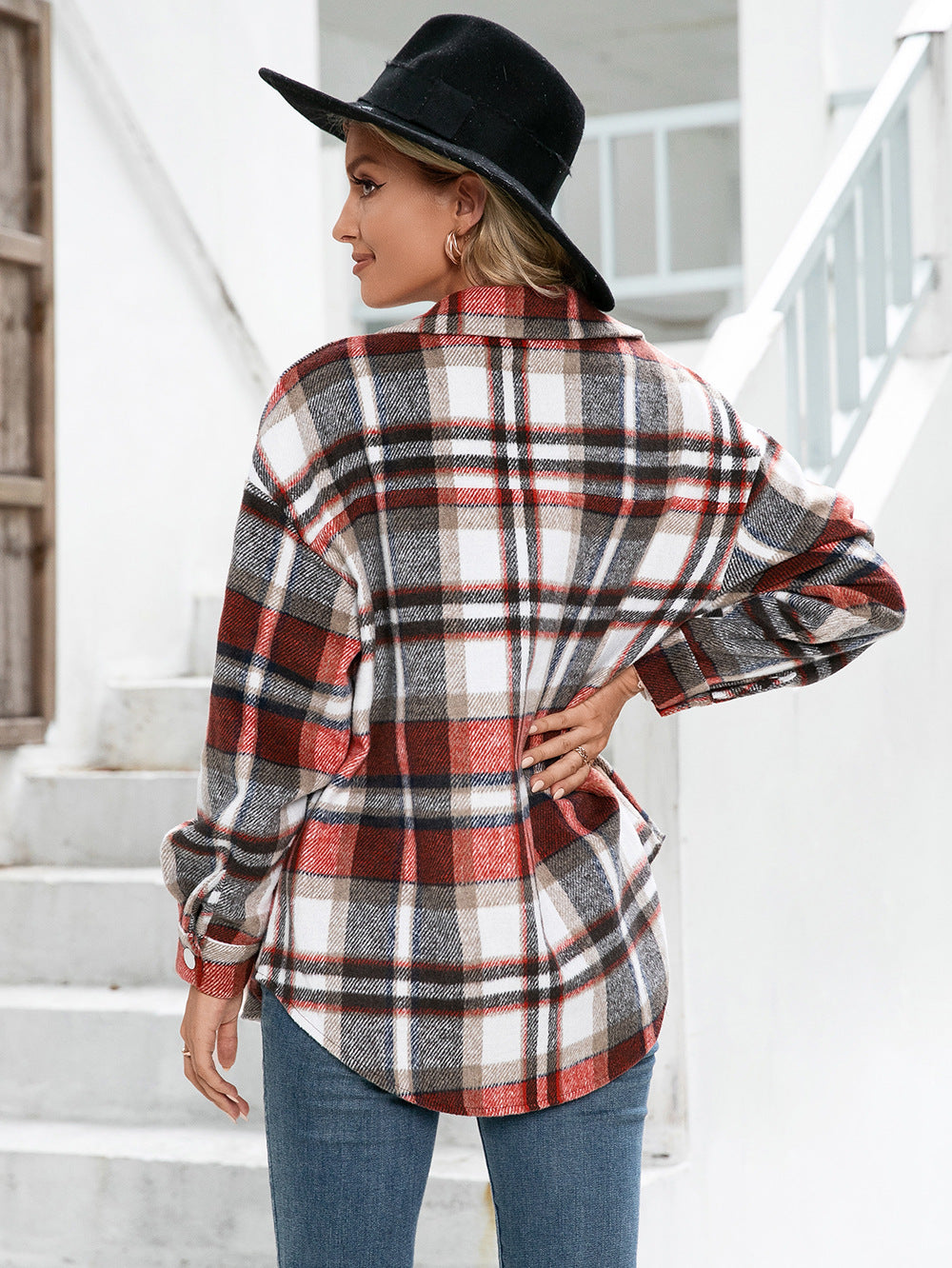 Meet You Outside Plaid Button Down Curved Hem Shacket  - Doll Fits