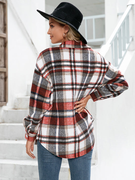Meet You Outside Plaid Button Down Curved Hem Shacket  - Doll Fits