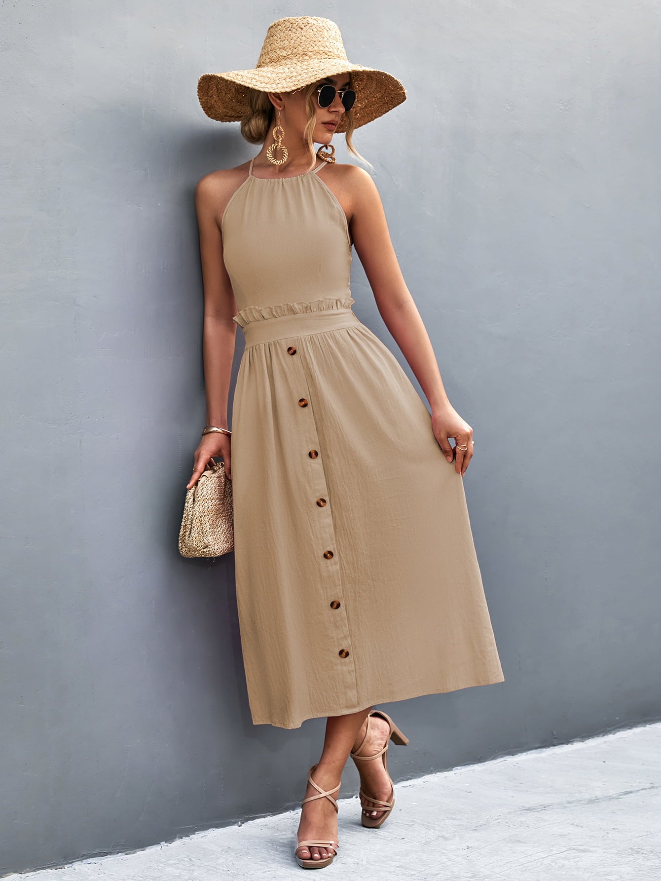Buttoned Halter Neck Frill Trim Midi Dress  Dresses- Doll Fits