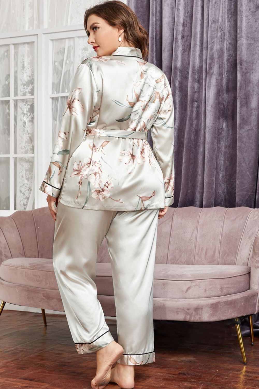 Plus Size Floral Belted Robe and Pants Pajama Set  Sleepwear & Loungewear- Doll Fits