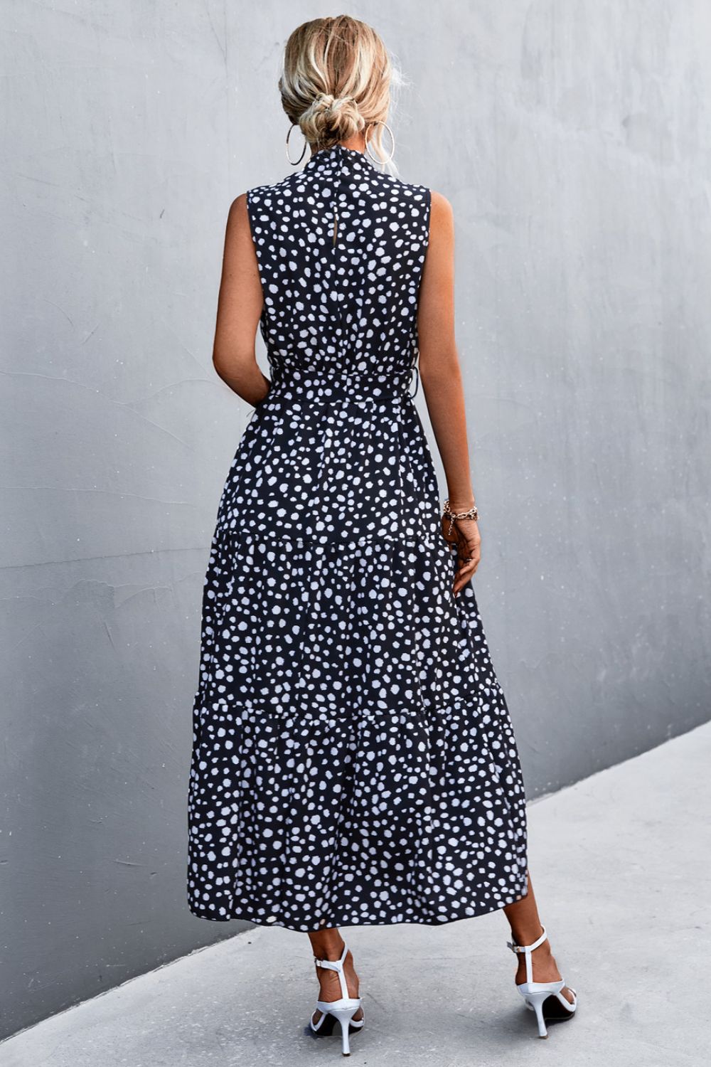 Printed Mock Neck Sleeveless Belted Tiered Dress  Dresses- Doll Fits