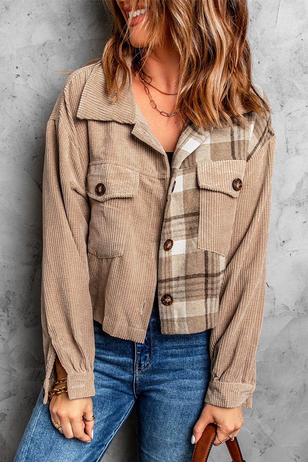 Plaid Corduroy Dropped Shoulder Jacket  Coats & Jackets- Doll Fits