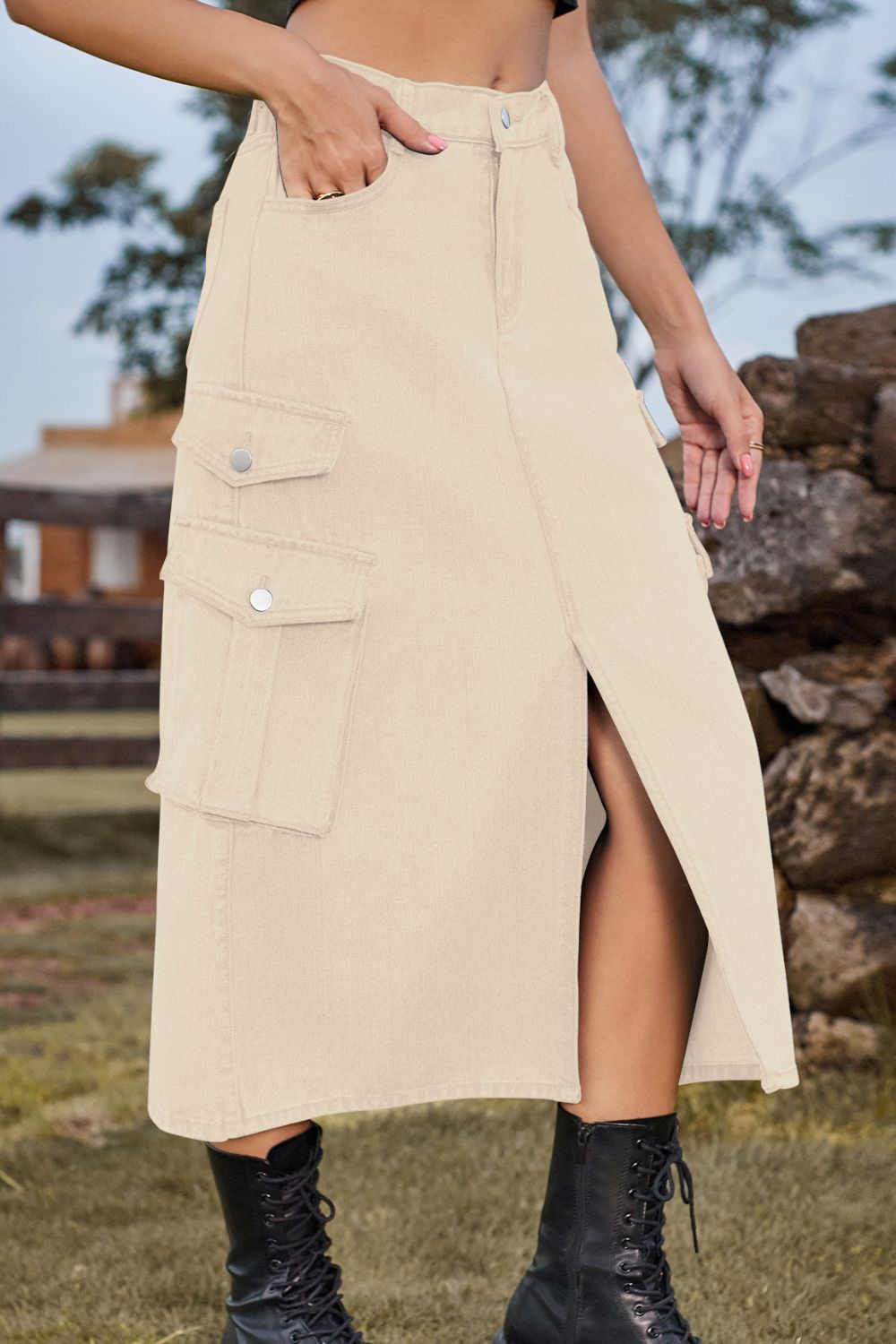 Slit Front Midi Denim Skirt with Pockets  Skirts- Doll Fits