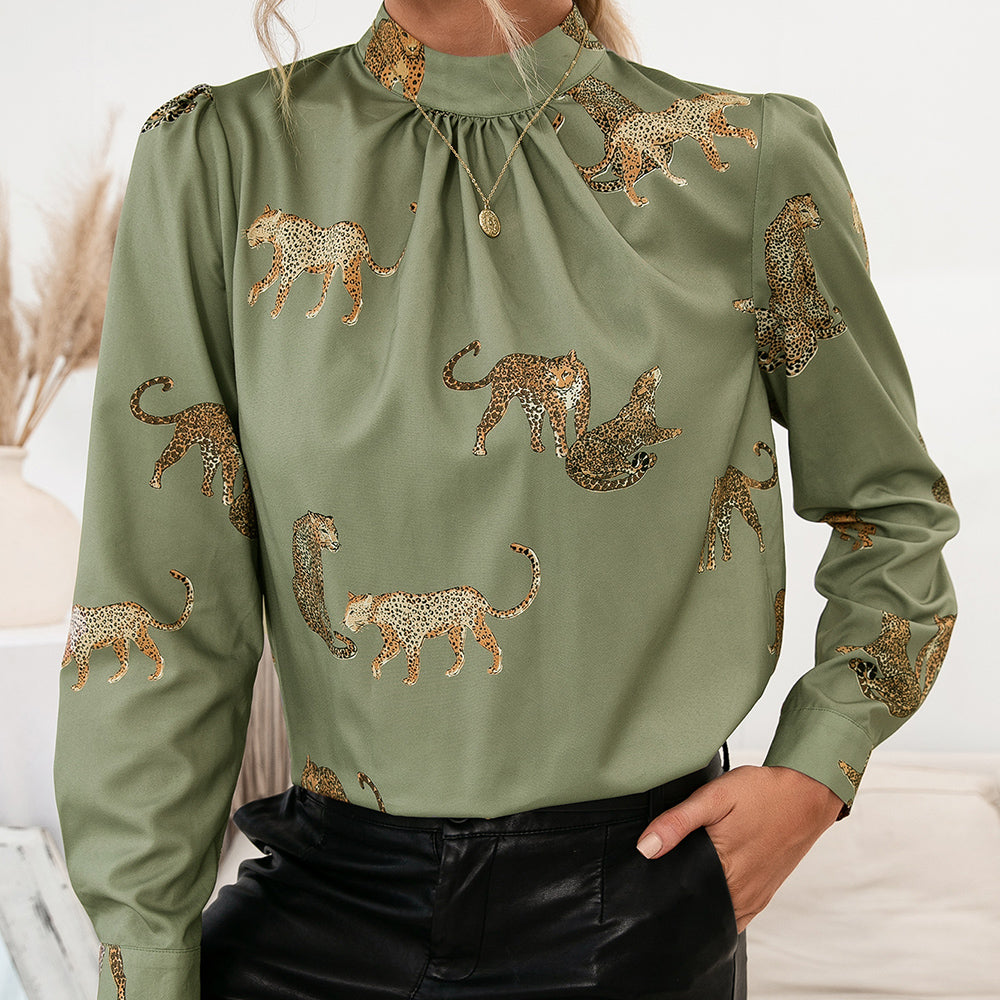 Leopard Graphic Mock Neck Puff Sleeve Blouse  Shirts & Tops- Doll Fits
