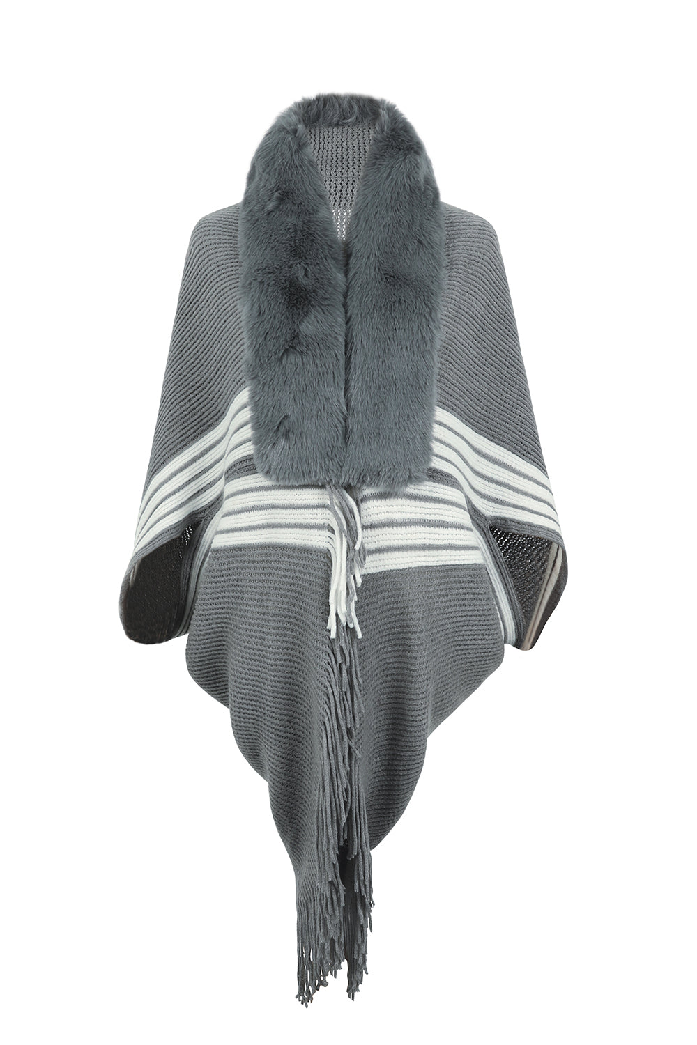 Striped Fringe Detail Long Sleeve Poncho  - Doll Fits