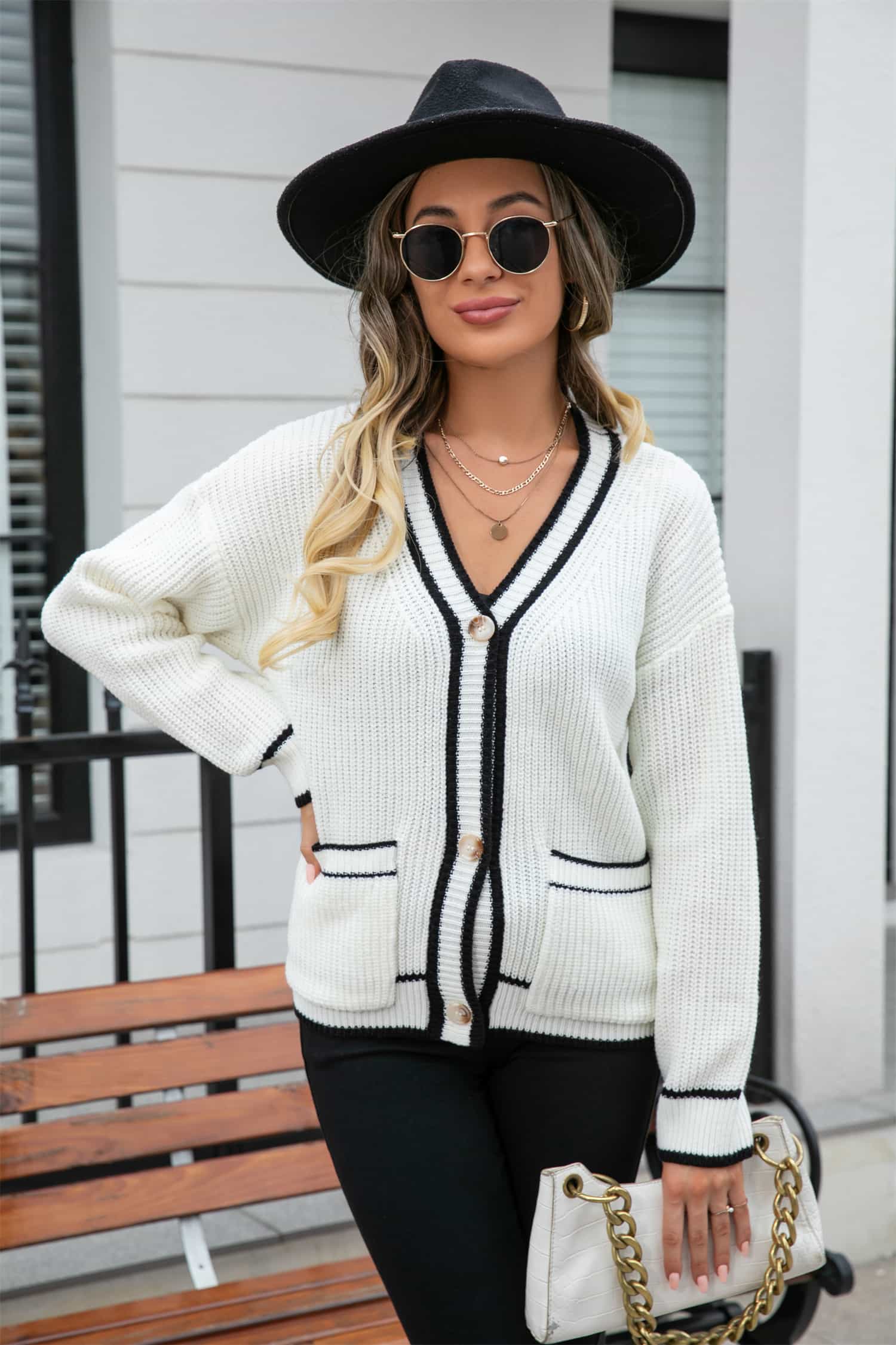 Waffle Knit V-Neck Cardigan with Pocket  - Doll Fits