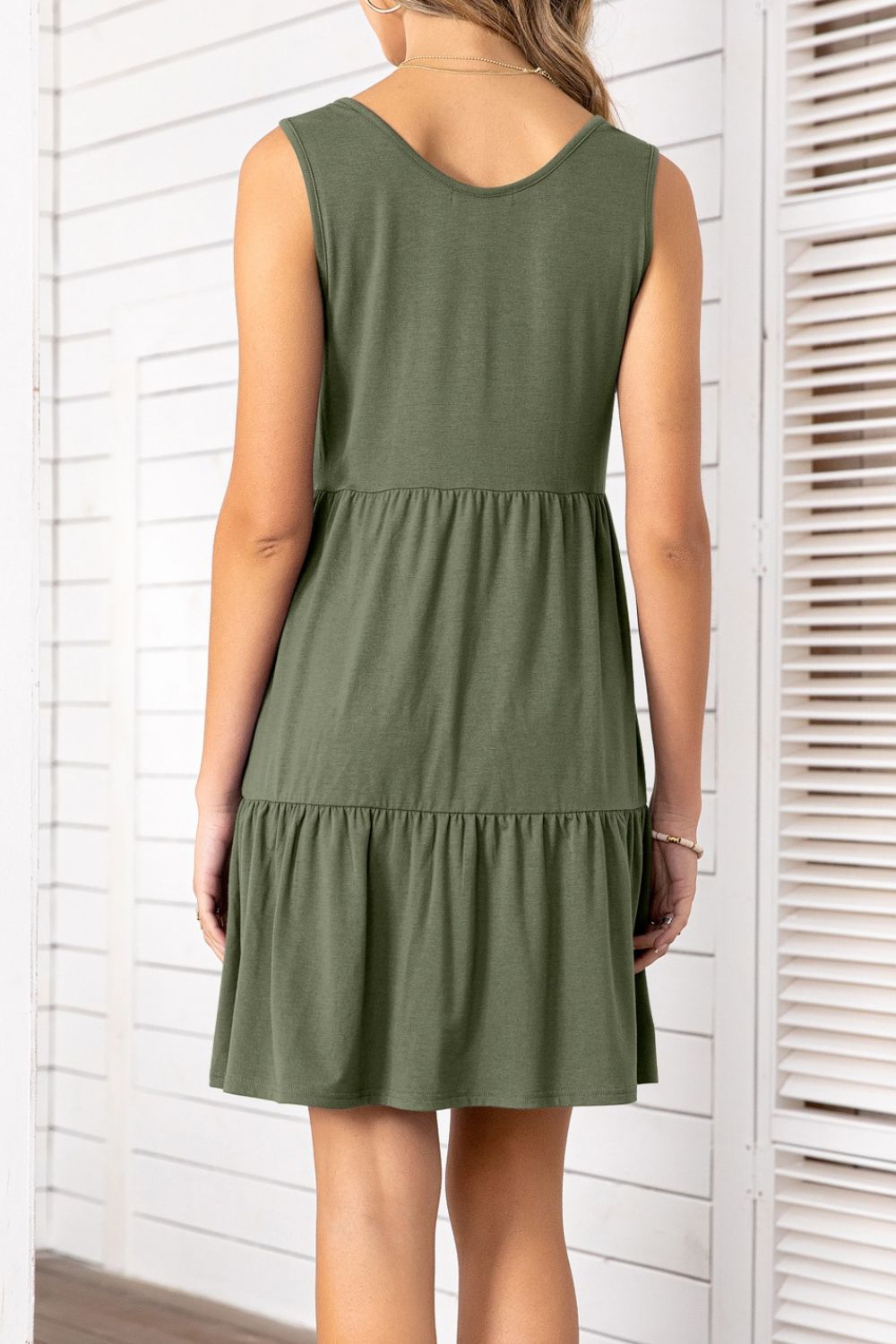 Decorative Button Scoop Neck Sleeveless Tiered Dress  Dresses- Doll Fits