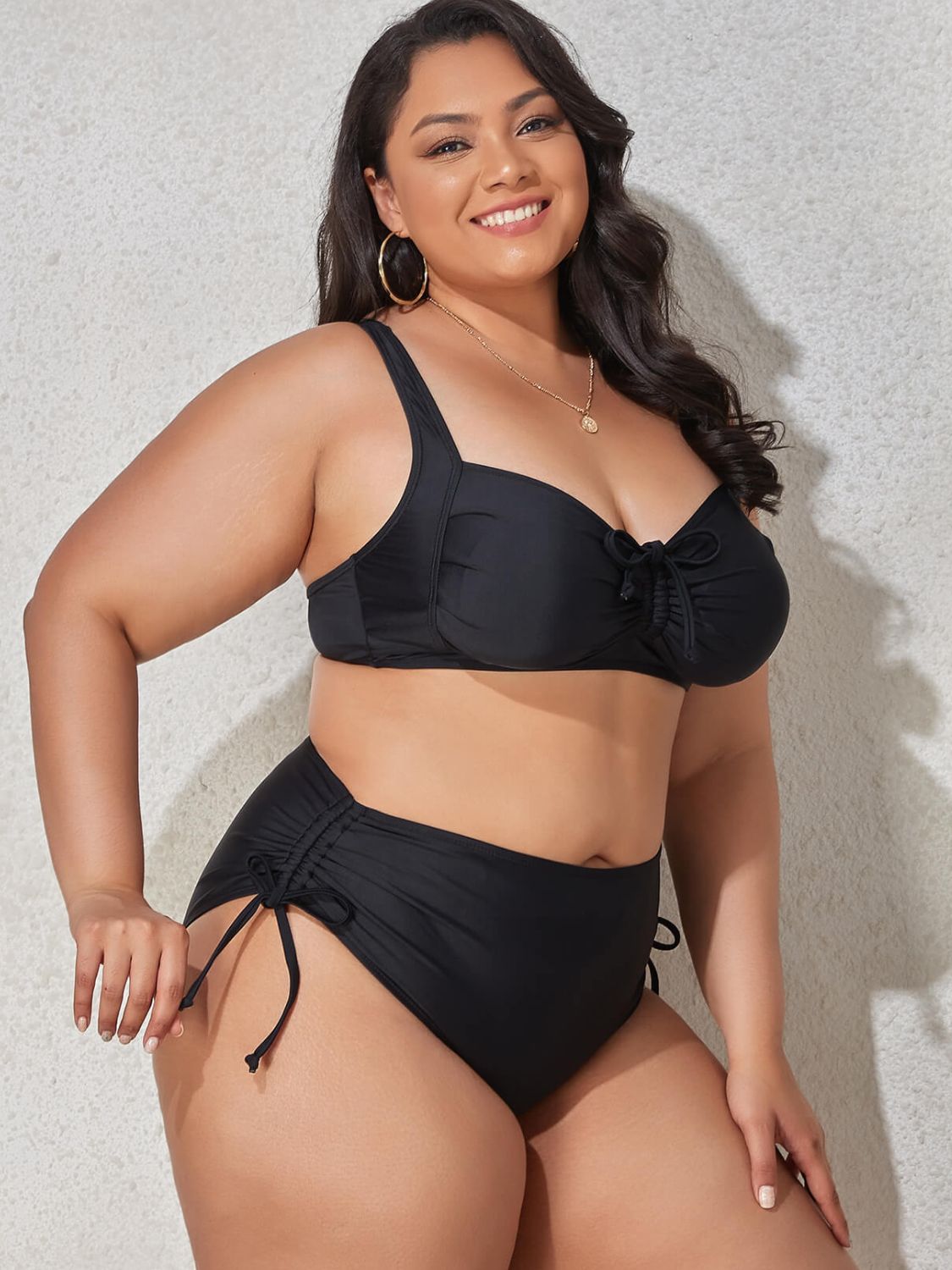Plus Size Printed Drawstring Detail Bikini Set  Swimwear- Doll Fits