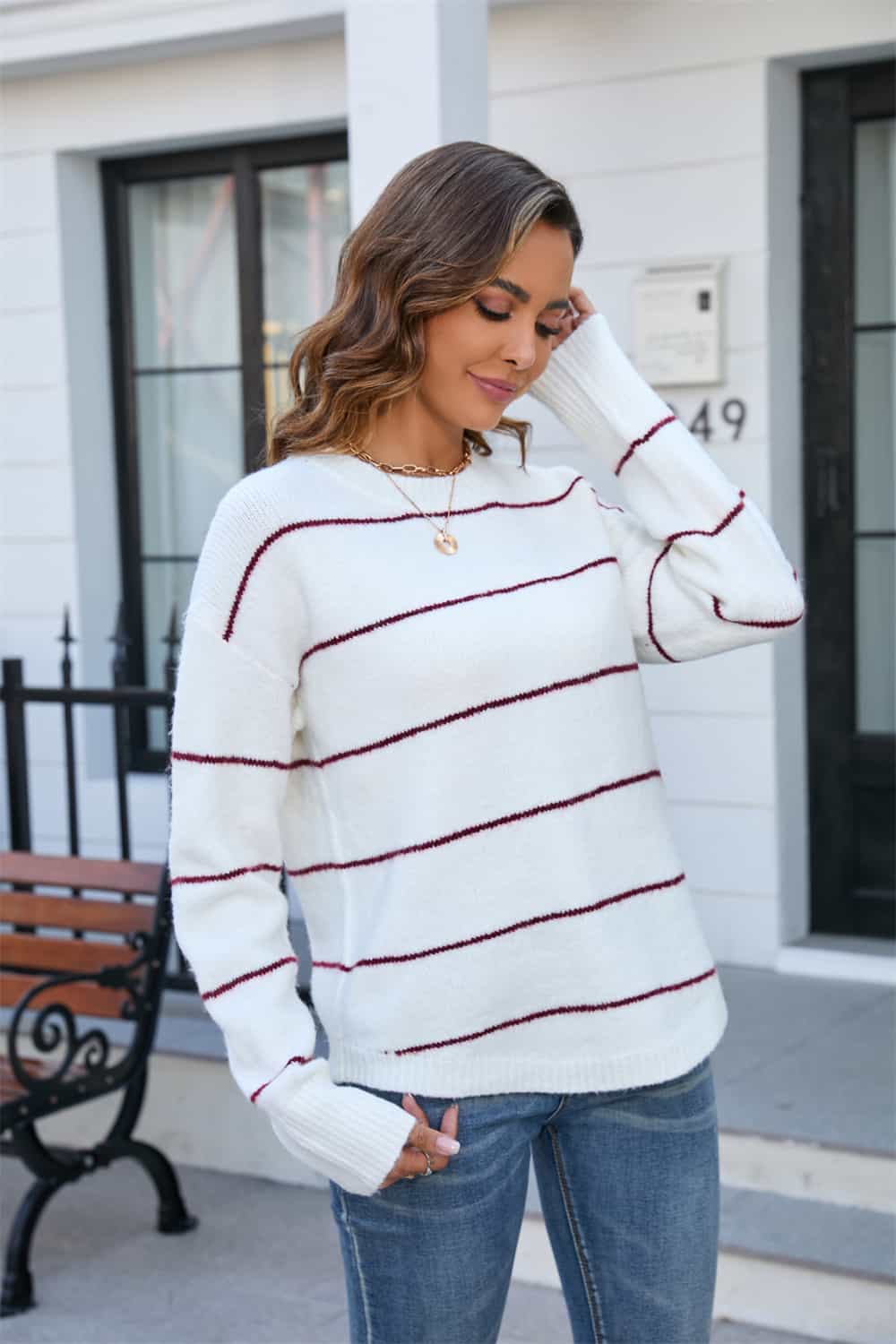 Striped Round Neck Long Sleeve Sweater  - Doll Fits