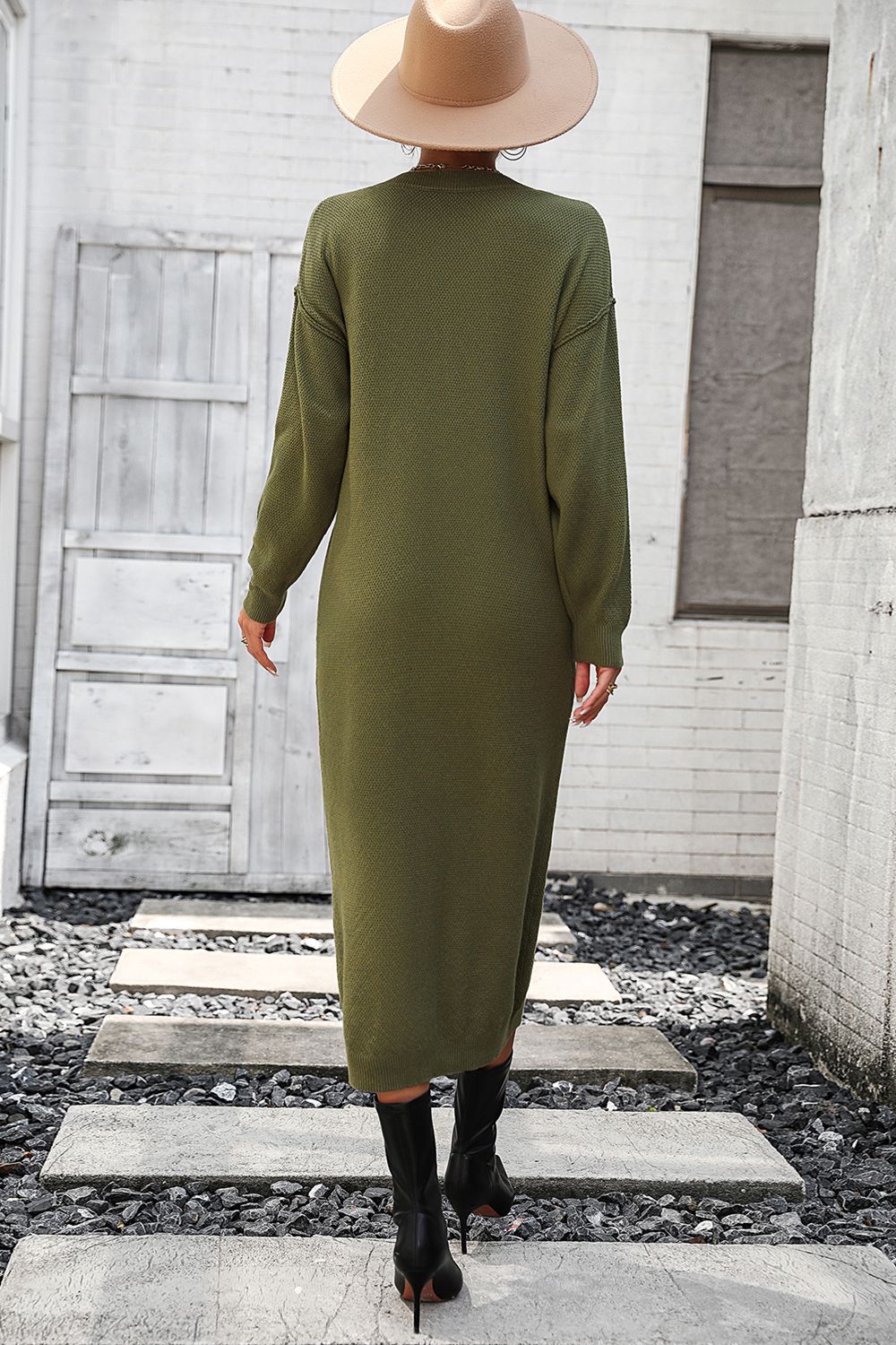 Notched Neck Dropped Shoulder Button-Down Midi Dress  Dresses- Doll Fits