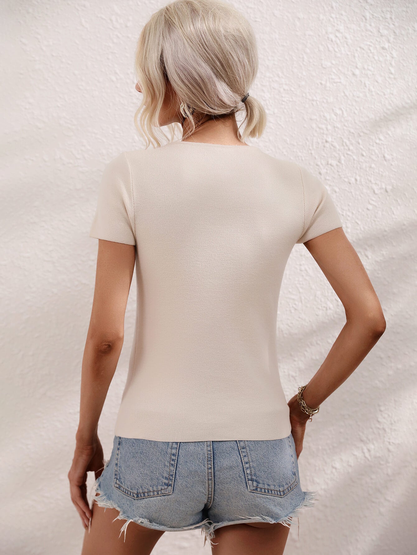 Cutout Round Neck Short Sleeve Knit Top  Shirts & Tops- Doll Fits