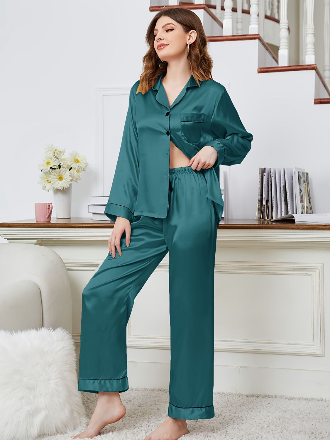 Lapel Collar Long Sleeve Top and Pants Pajama Set  - Doll Fits