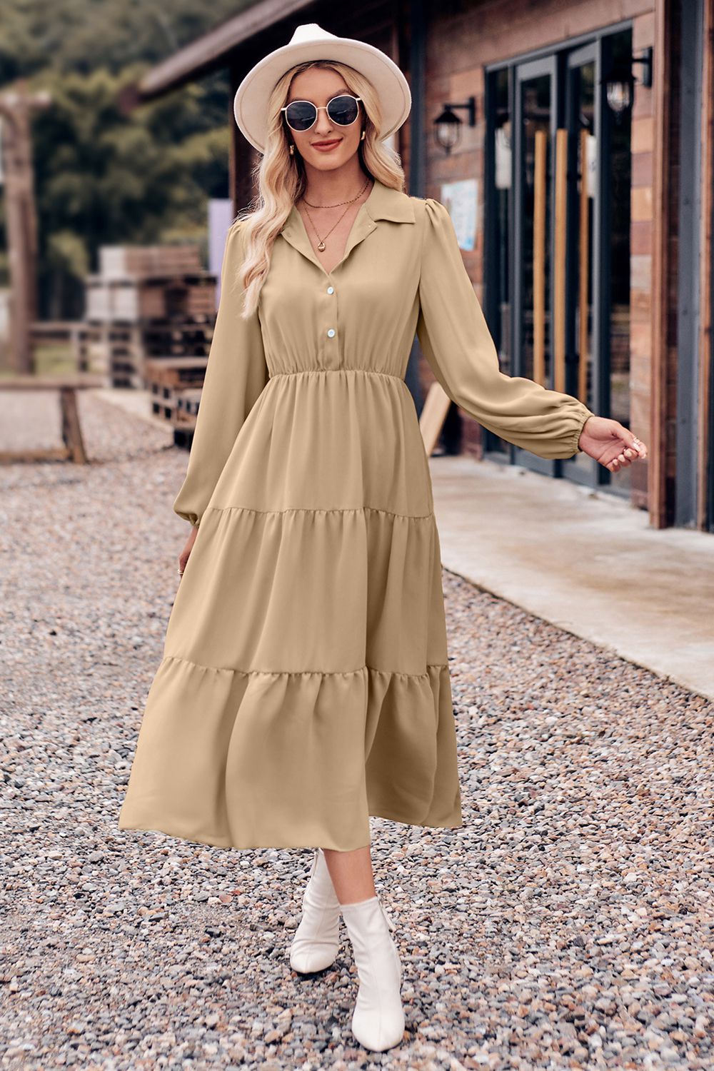 Collared Neck Long Sleeve Midi Dress  Dresses- Doll Fits