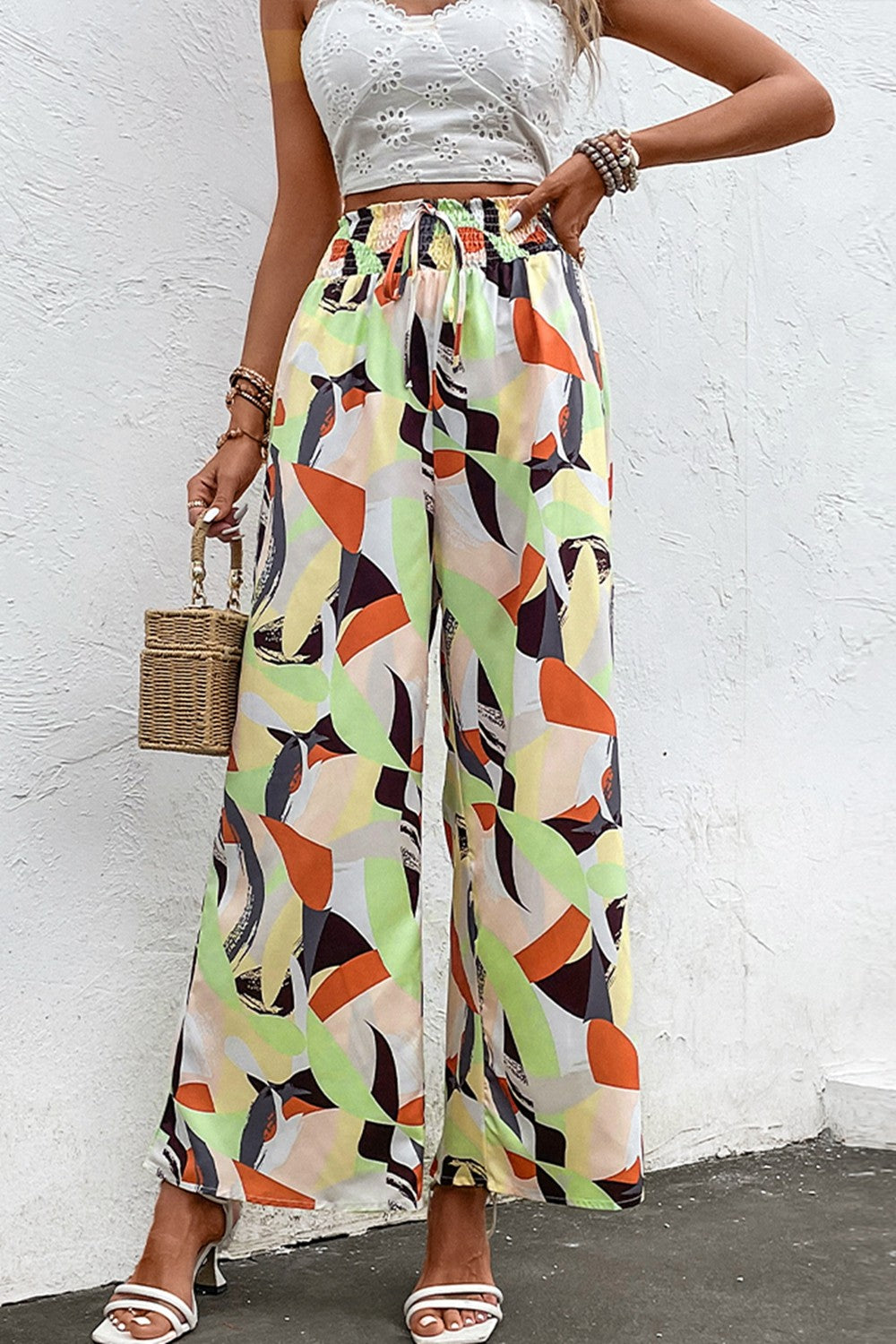 Printed Smocked Waist Wide Leg Pants  Pants- Doll Fits