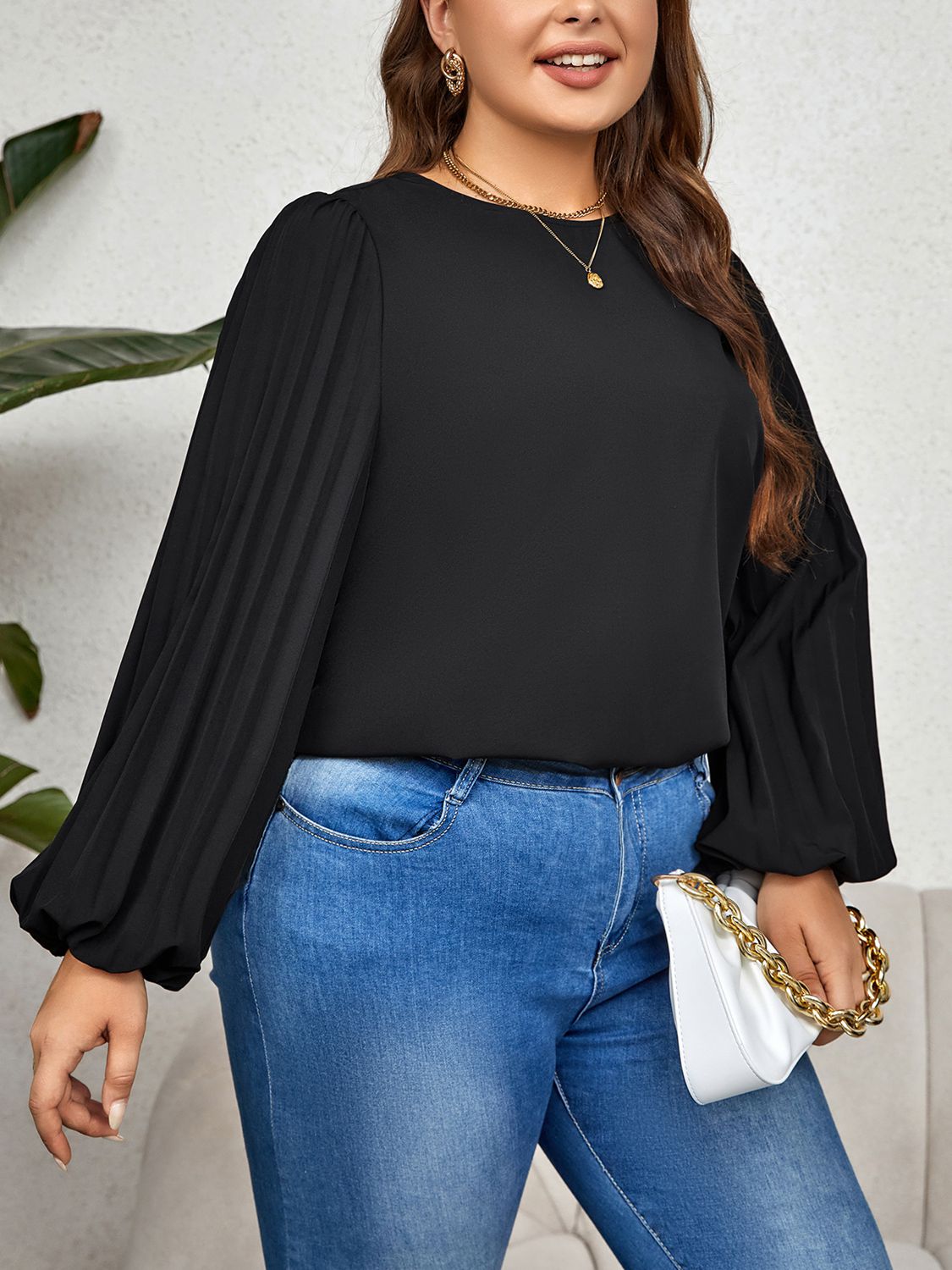 Plus Size Round Neck Puff Sleeve Blouse  - Doll Fits
