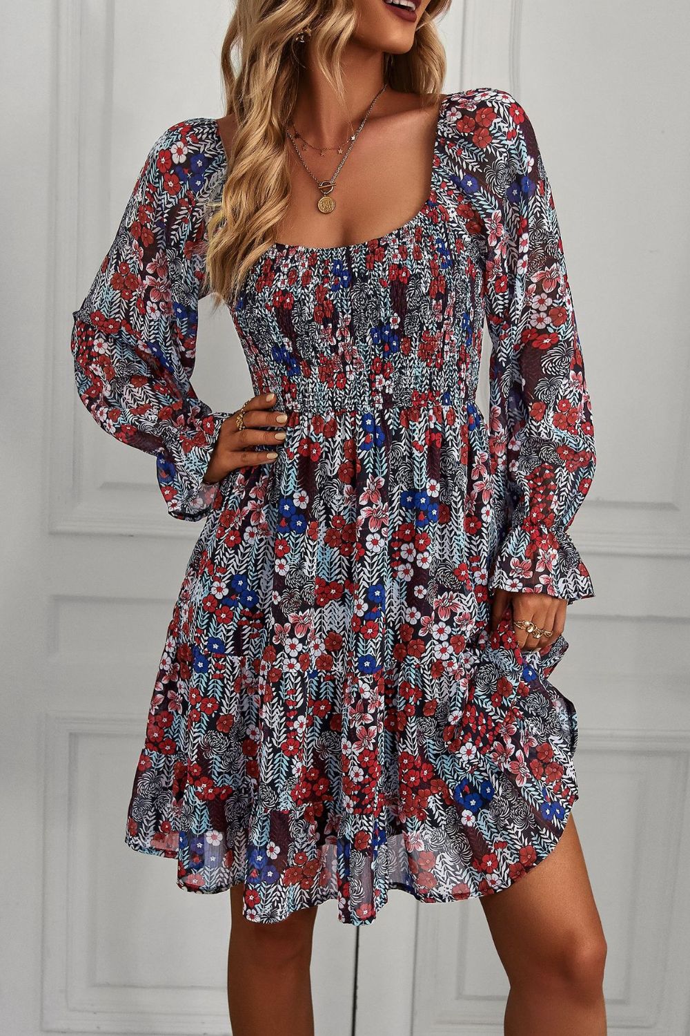 Floral Long Flounce Sleeve Square Neck Dress  Dresses- Doll Fits
