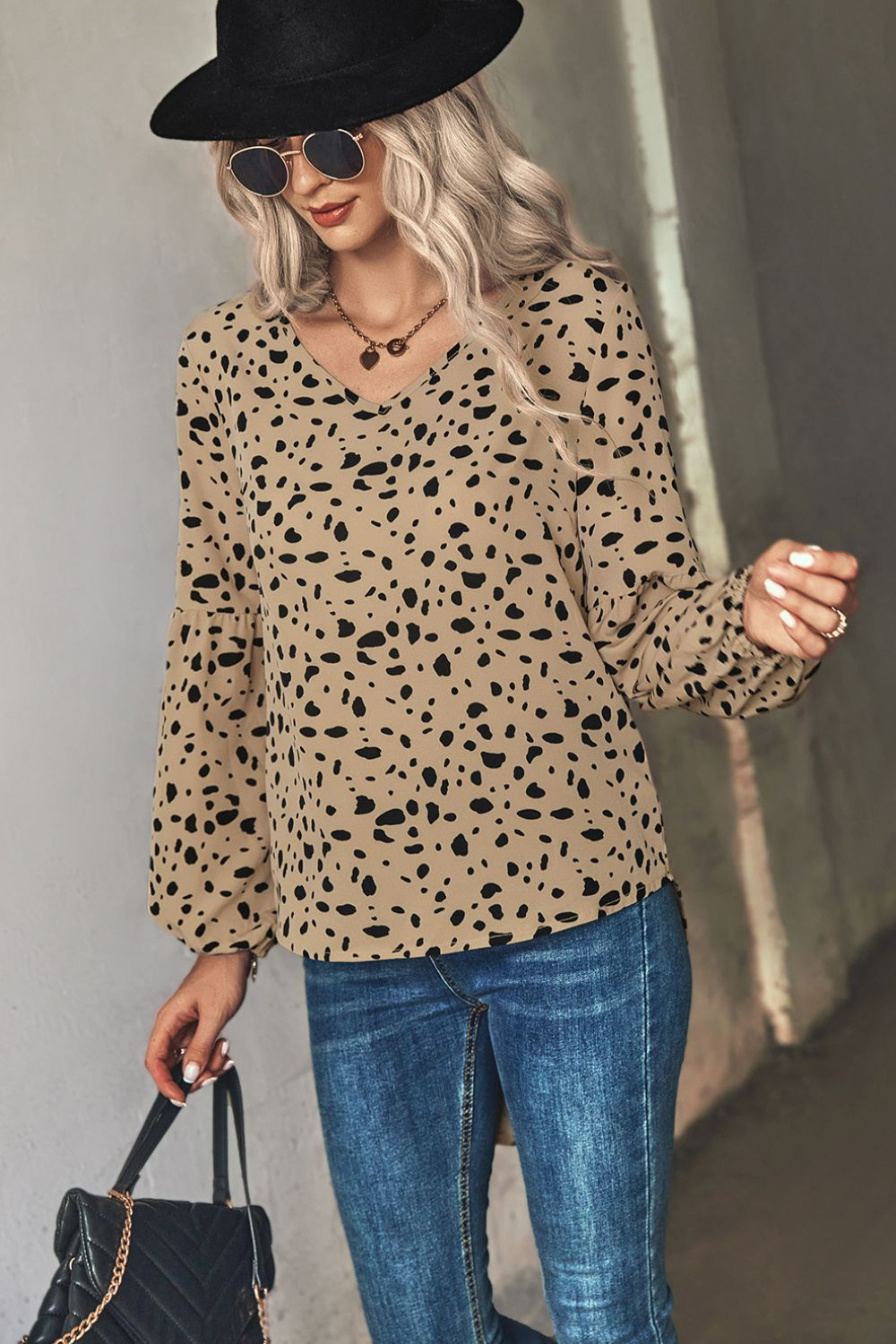 Animal Print V-Neck High-Low Blouse  Shirts & Tops- Doll Fits