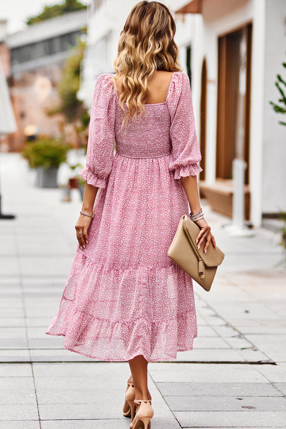 Leopard Square Neck Flounce Sleeve Midi Dress  Dresses- Doll Fits